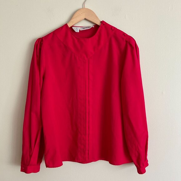 Vintage Red Long-Sleeve Button Shoulder Blouse - Picture 8 of 9